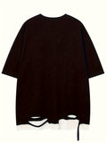 kkboxly kkboxly Hip Hop Style Letter Pattern Men's Fake Two-piece Ripped Short Sleeve Loose Round Neck T-shirt For Summer, Men's Cotton Comfy Top