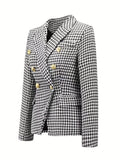 kkboxly  Houndstooth Print Lapel Blazer, Elegant Double Breasted Long Sleeve Outerwear, Women's Clothing