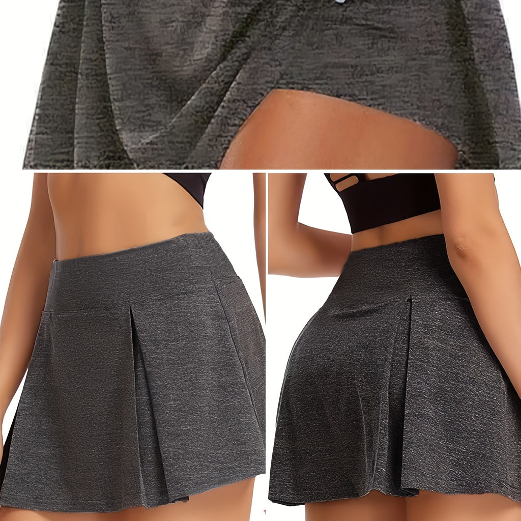kkboxly  Dark Gray 2-in-1 Pleated Detail Skirt With Shorts, Summer Stretchy Tennis Golf Skirt, Women's Activewear