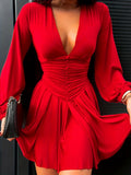 kkboxly kkboxly Ruched Plunging Mini Dress, Elegant Long Sleeve Dress For Spring & Fall, Women's Clothing