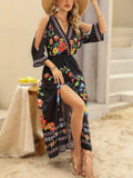 kkboxly  Floral Print Cold Shoulder Dress, Elegant Split V Neck Dress For Spring & Summer, Women's Clothing