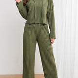 kkboxly  Casual Solid Knit Two-piece Set, Long Sleeve Drawstring Hoodie & Wide Leg Pants Outfits, Women's Clothing