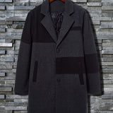 kkboxly  Men's Elegant Trench Color Block Coat, Casual Wool-like Fabric Warm Turn-Down Collar Overcoat For Fall Winter
