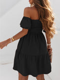 kkboxly  Off Shoulder Shirred Dress, Elegant Ruffle Hem Short Sleeve Dress, Women's Clothing