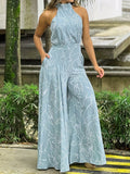 kkboxly  Elegant Waist Halter Jumpsuit, Casual Print Tie Sleeveless Waist Summer Wide Leg Long Pant Jumpsuit, Women's Clothing