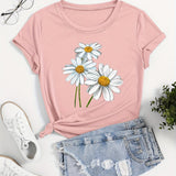 kkboxly  Cute Daisy Print T-Shirt, Short Sleeve Crew Neck Casual Top For All Season, Women's Clothing