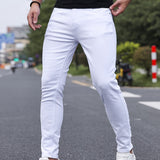 kkboxly  Contrast Stitching Slim Fit Jeans, Men's Casual Street Style Mid Stretch Denim Pants For Spring Summer