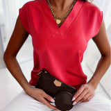 kkboxly  Elegant Solid V Neck Blouse, Short Sleeve Blouse For Spring & Summer, Women's Clothing
