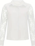 kkboxly  Plus Size Elegant Blouse, Women's Plus Solid Button Up Contrast Lace Sleeve Turn Down Collar Blouse