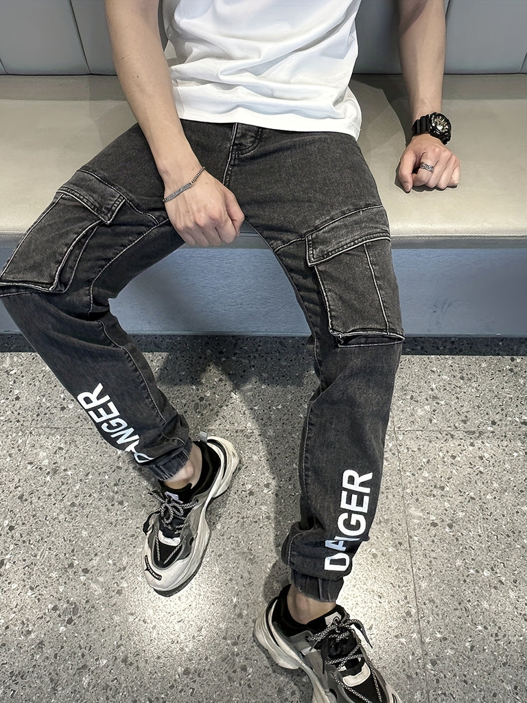kkboxly  Letter Cargo Jeans, Men's Casual Street Style Solid Color Slightly Stretch Denim Joggers For Spring Summer