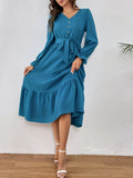 kkboxly  Ruched Ruffle Trim Dress, Casual V Neck Long Sleeve Dress, Women's Clothing