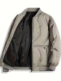 kkboxly  Men's Solid Padded Jacket, Men Casual Padded Coat Windbreaker Zipper Pocket Crew Collar For Men Winter