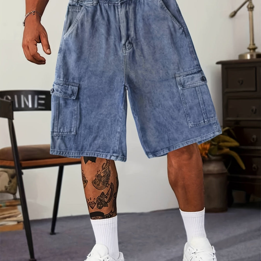 kkboxly  Classic Design Big Pockets Denim Shorts, Men's Casual Street Style Denim Shorts For Summer