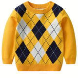 Boys Argyle Pattern Sweater Round Neck Long Sleeve Stretch Warm Knit Pullover Top Kids Clothes Outdoor