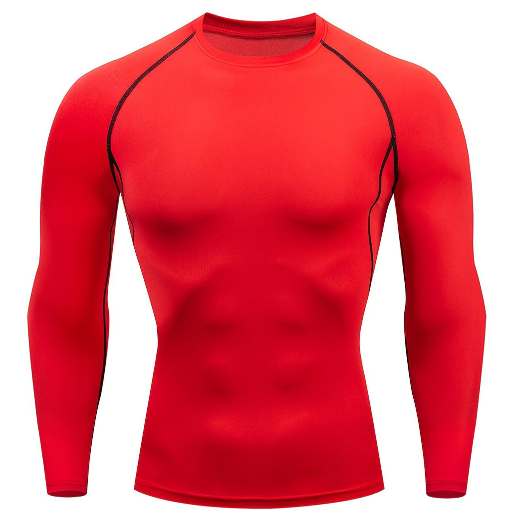 kkboxly  Men's Red Compression Shirts, Quick-dry Long Sleeve Athletic Workout Tops, Base Layers T-shirts