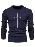 kkboxly  "Paris" Print Creative Knitted Sweater, Men's Casual Crew Neck Medium Stretch Sweater
