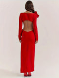 kkboxly  Bow Decorate Backless Dress, Elegant Split Hem Long Sleeve Dress For Spring & Fall, Women's Clothing