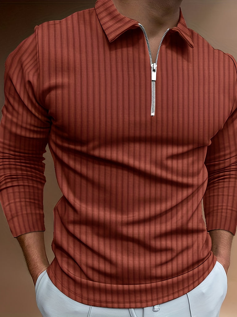 kkboxly  Vertical Stripe Men's Casual Long Sleeve Zipper Polo Shirts, Lapel Collar Tops Pullovers, Men's Clothing For Spring Autumn