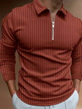 kkboxly  Vertical Stripe Men's Casual Long Sleeve Zipper Polo Shirts, Lapel Collar Tops Pullovers, Men's Clothing For Spring Autumn