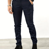 kkboxly  Slim Fit Tapered Slacks, Men's Casual Slightly Stretch Solid Color All Match Pants For All Seasons Business