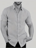 kkboxly  Men's Shirt Top, Linen & Cotton Blend, Turn-Down Collar Button Up Short Sleeves Lapel Closure Regular Fit Male Casual Shirt For Daily