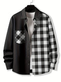 kkboxly  Stylish Collage Chest Pocket Plaid Pattern Casual Long Sleeve Button Up Shirt, Men's Clothes For Spring Summer Fall Outdoor