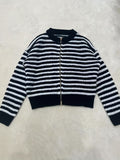 xieyinshe  Striped Crew Neck Zip Up Cardigan, Casual Long Sleeve Sweater For Spring & Fall, Women's Clothing