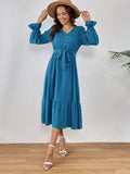 kkboxly  Ruched Ruffle Trim Dress, Casual V Neck Long Sleeve Dress, Women's Clothing