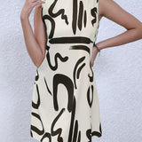 kkboxly  Brush Print Mock Neck Dress, Sleeveless Dress For Spring & Summer, Women's Clothing