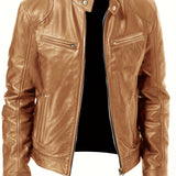 kkboxly  Zipper Pockets PU Jacket, Men's Casual Solid Color Zip Up Stand Collar Faux Leather Jacket For Spring Fall