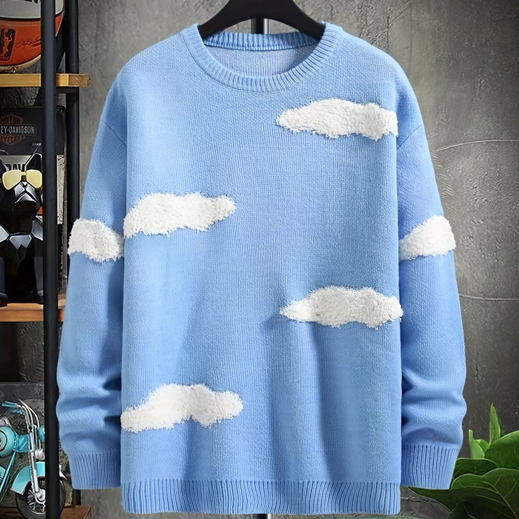 kkboxly  All Match Knitted Sweater, Men's Casual Warm Slightly Stretch Cloud Chenille Embroidery Crew Neck Pullover Sweater For Fall Winter