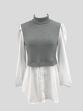 kkboxly  Twist Textured Knit Paneled Turtleneck Blouse, Casual Long Sleeve Blouse For Spring & Fall, Women's Clothing