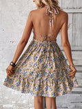 kkboxly  Floral Print Halter Dress, Sexy Open Back Ruffle Hem Sleeveless Tie Dress, Women's Clothing