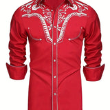 kkboxly 98% Cotton Elegant Western Cowboy Men's Casual Long Sleeve Embroidered Shirt, Men's Shirt For Spring Fall Vacation Resort, Tops For Men