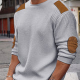 kkboxly  Casual Color Block Men's Long Sleeve Knitted Round Neck T-shirt With Elbow Design, Spring Fall Outdoor