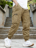 kkboxly  Men's Drawstring Cargo Pants With Flap Pockets, Loose Casual Comfy Jogger Pants