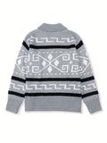kkboxly  Men's Trendy Cardigan Sweater, Striped Square Graphic Print Knit Button Up Sweater For Spring/autumn, Best Seller Gifts, Plus Size