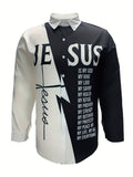 kkboxly Plus Size Jesus Pattern Men's Shirt Top Turn-Down Collar Long Sleeve Closure Male Casual Shirt For Men Daily Vacation Streetwear, Men's Clothing