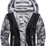 kkboxly  Color Block Camo Men's Hooded Jacket Fleece Lined Casual Long Sleeve Sherpa Lined Hoodies With Zipper Hooded Coat For Autumn Winter