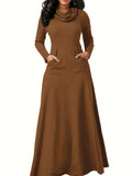 Pile Collar Pocket Front Dress, Elegant Long Sleeve Maxi Dress, Women's Clothing