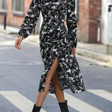 kkboxly  Floral Print Split Dress, Elegant Long Sleeve Midi Dress, Women's Clothing