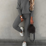 kkboxly Casual Solid Sports Two-piece Set, With Slanted Shoulder Long Sleeve Hoodies & Tied Striped Pants Set, Women's Clothing