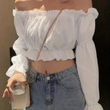 Off Shoulder Ruffle Trim Blouse, Long Sleeve Casual Crop Top, Women's Clothing