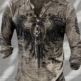 kkboxly  Retro Eagle Pattern Men's Stylish Long Sleeve Henley Tee For Spring Fall, Gift For Men