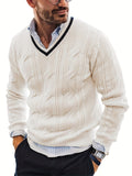 kkboxly  All Match Knitted Sweater, Men's Casual Vintage Warm High Stretch V Neck Pullover Sweater For Fall Winter Preppy