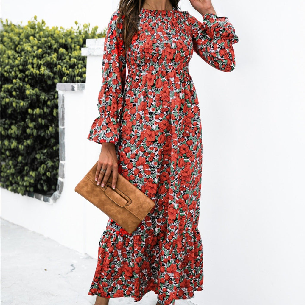 kkboxly  Long Sleeve Full Print Maxi Dress, Crew Neck Shirred Ruffle Sleeve Dress, Casual Dresses For Fall & Winter, Women's Dresses