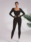 Long Sleeve Fashion Solid Color Yoga Bodysuit, Square Neck Sports Jumpsuit, Women's Activewear