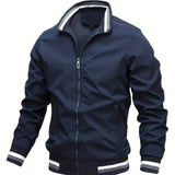 kkboxly  Plus Size Men's Trendy Casual Zipper Stand Collar Pocket Jacket, Solid Color Long Sleeve Stripe Pattern On The Bottom Coat Loose Oversized