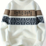 kkboxly  Men's Stylish Geometric Pattern Knitted Pullover, Casual Breathable Long Sleeve Crew Neck Top For City Walk Street Hanging Outdoor Activities