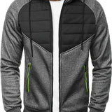 kkboxly  Casual Patchwork Cardigan Zip Hooded Sweatshirts, Men's Long Sleeve Jacket Coat For Summer